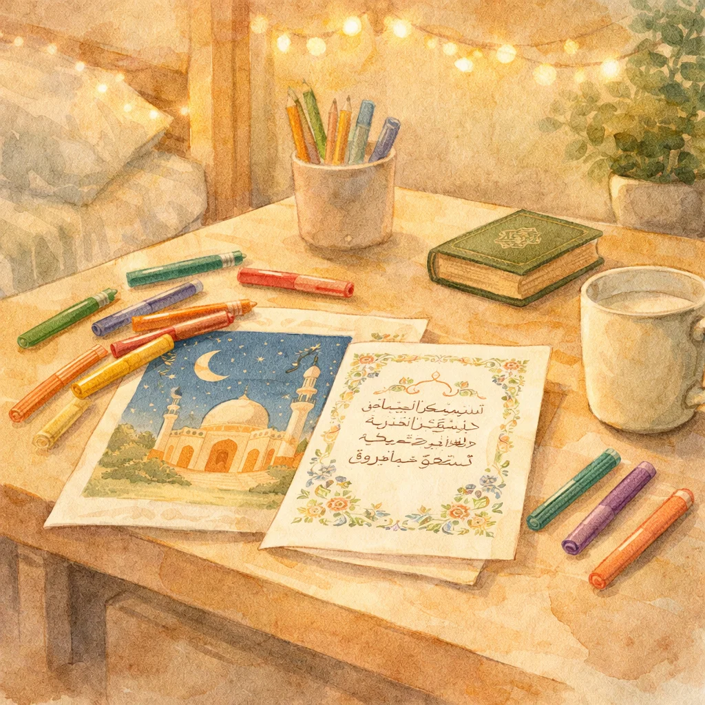 Child's desk with printed Islamic story pages, colorful markers, and a Quran