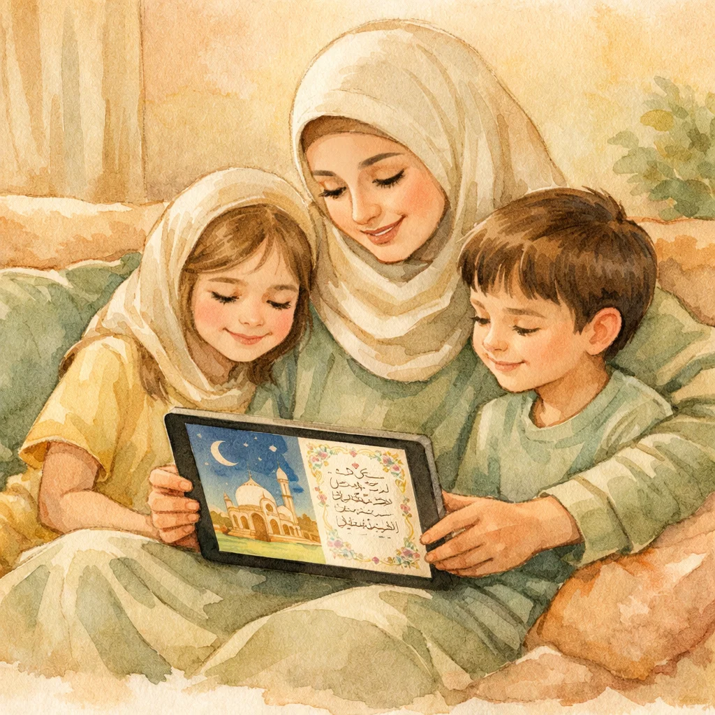 Muslim family reading Islamic stories for kids on a tablet together on a cozy couch