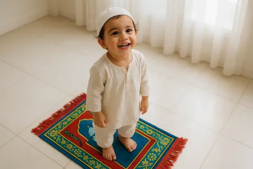 Young child standing on a small colorful prayer mat, looking up with a smile in a bright room