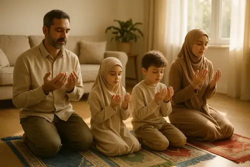 A family praying together on prayer mats in a bright living room with warm sunlight