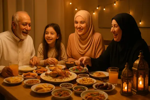 Family gathered around a table for iftar meal with Ramadan lanterns in background