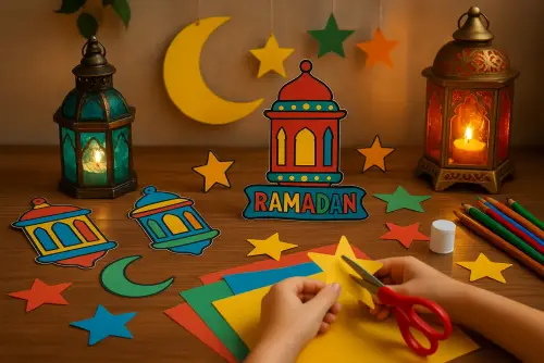 Colorful Ramadan decorations with lanterns, crescent moon and stars, children making crafts