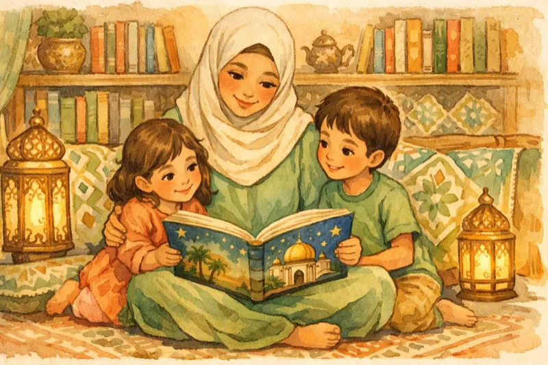 Watercolor illustration of a Muslim mother wearing a hijab reading Islamic stories to her children at bedtime with warm lighting