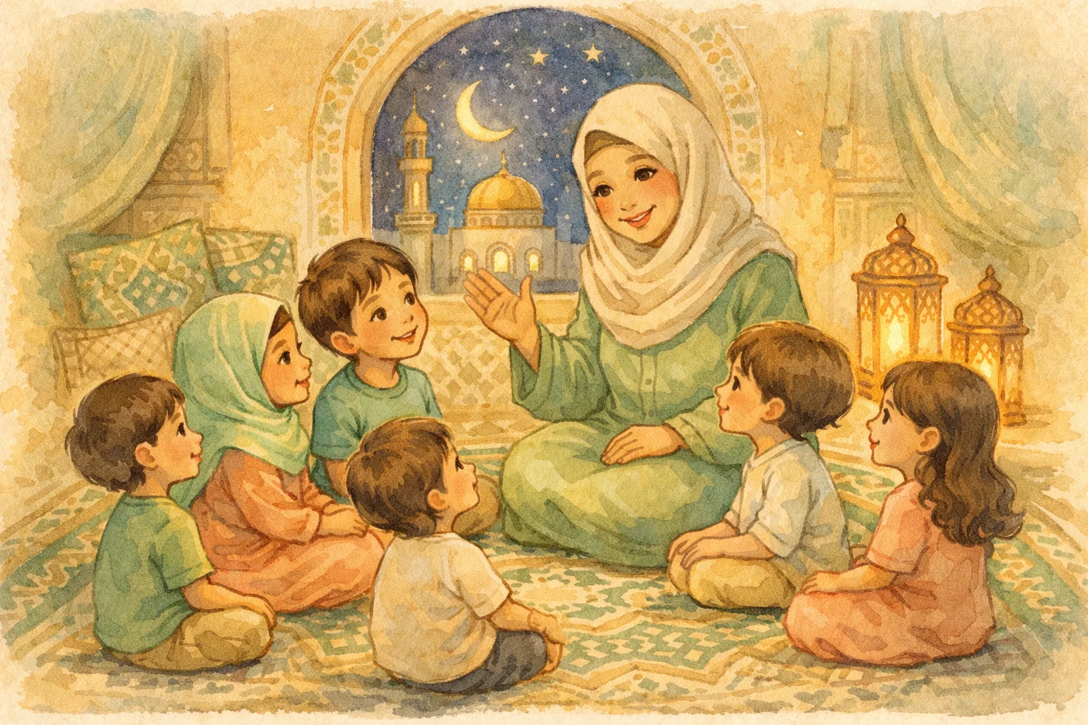 Warm illustration of Muslim family engaged in storytelling together with children listening attentively to Islamic stories
