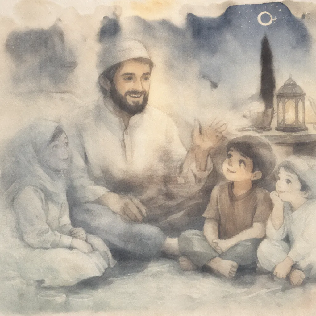 Watercolor collage illustration of scenes from prophet stories including a whale in the ocean, a boat on water, and stars in the sky in warm earth tones