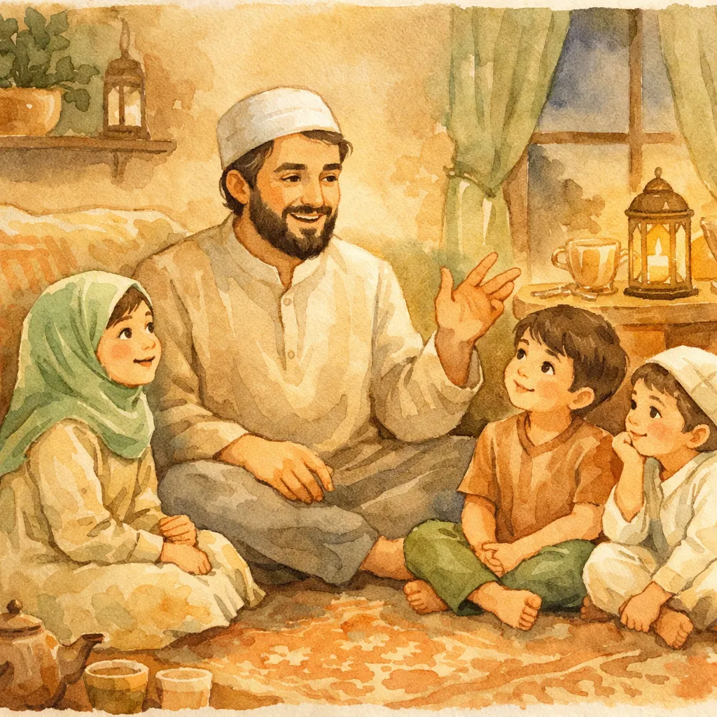 Watercolor illustration of a Muslim father telling prophet stories to his young children in a cozy living room with warm golden lighting
