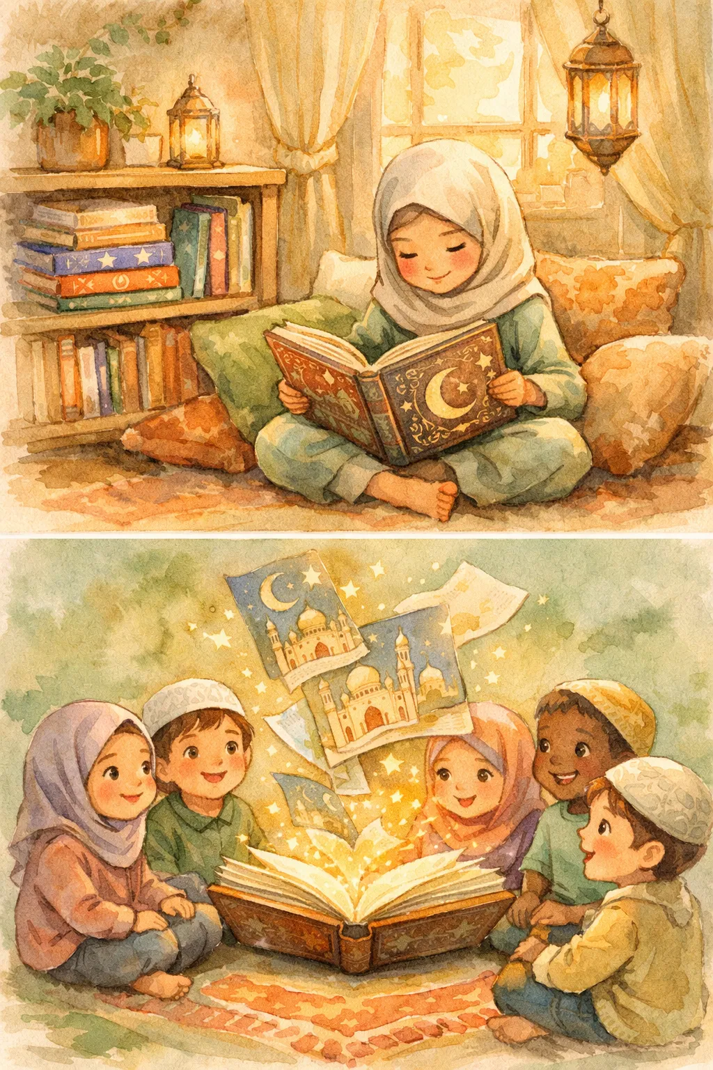 Watercolor illustration of a young Muslim girl reading colorful Islamic books in a cozy reading corner with warm golden light