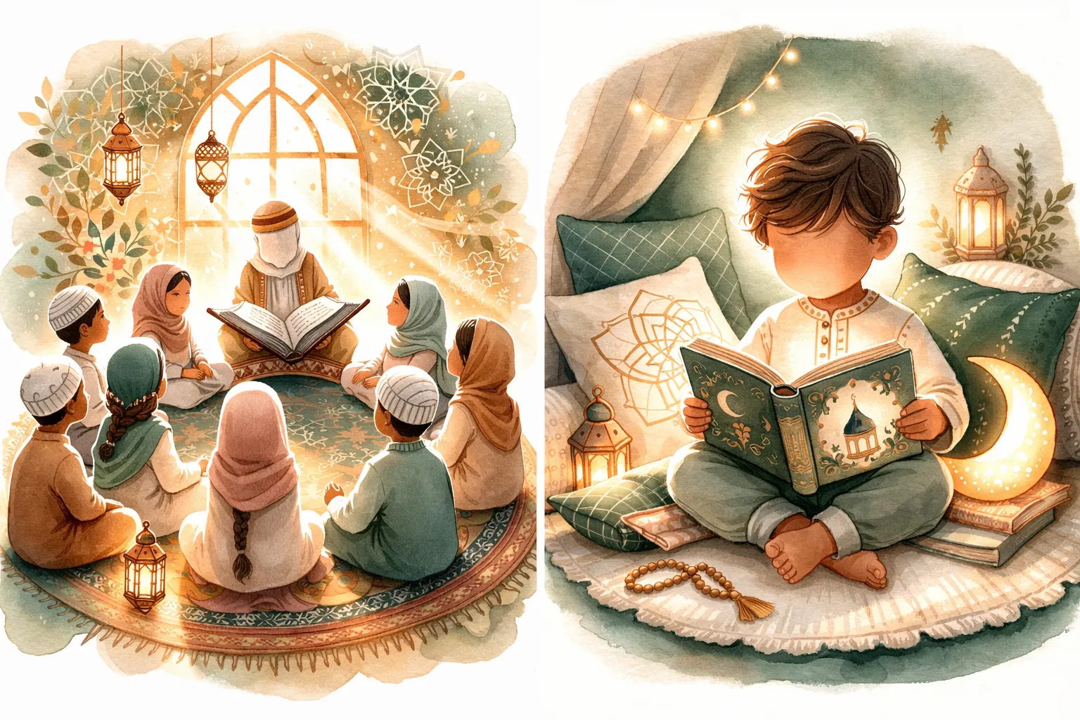 Watercolor illustration of Muslim kids sitting in a circle listening to Quran stories being read aloud with warm golden light