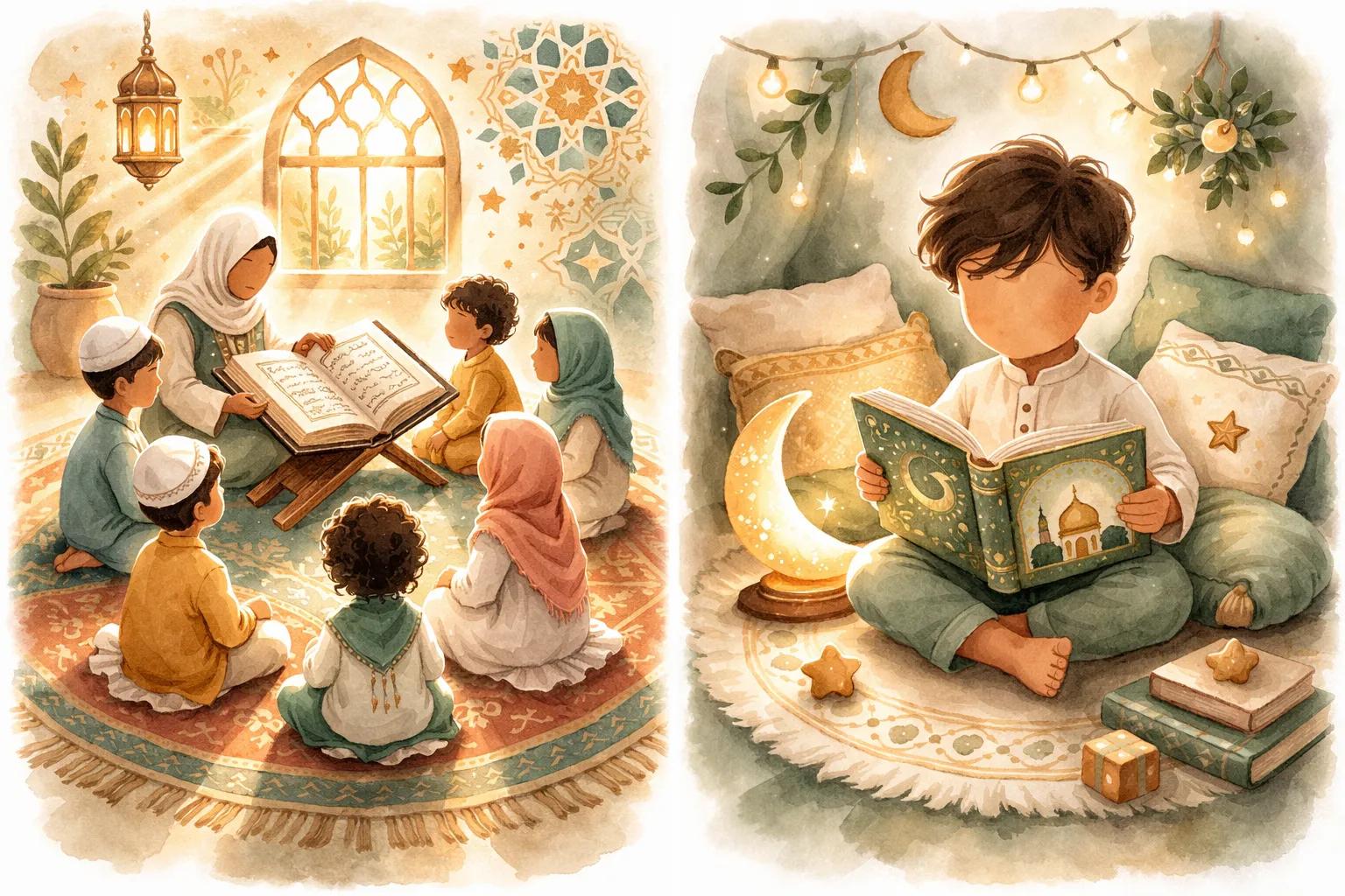 Watercolor illustration of a Muslim toddler holding an illustrated Islamic storybook with a crescent moon nightlight glowing nearby