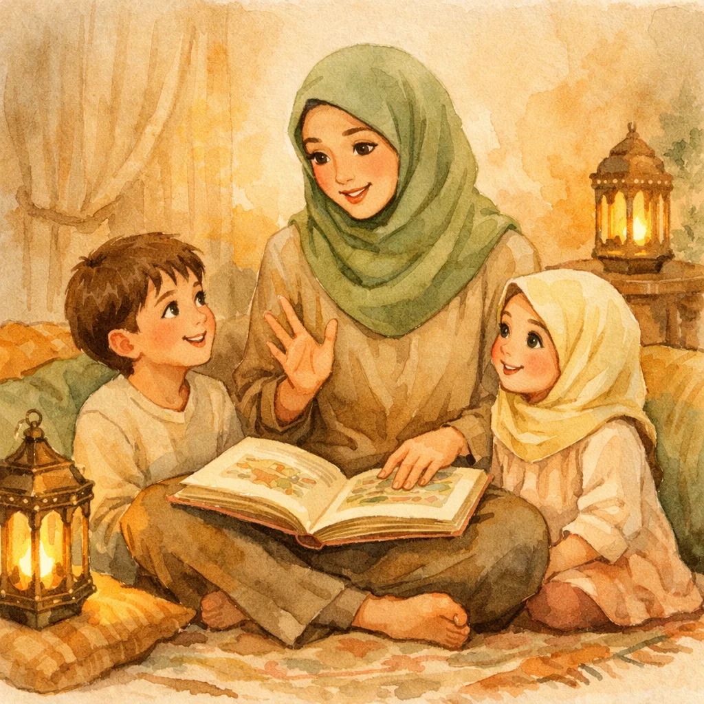 Watercolor illustration of a Muslim mother in hijab telling a short story to two young children on a cozy rug with warm lantern light