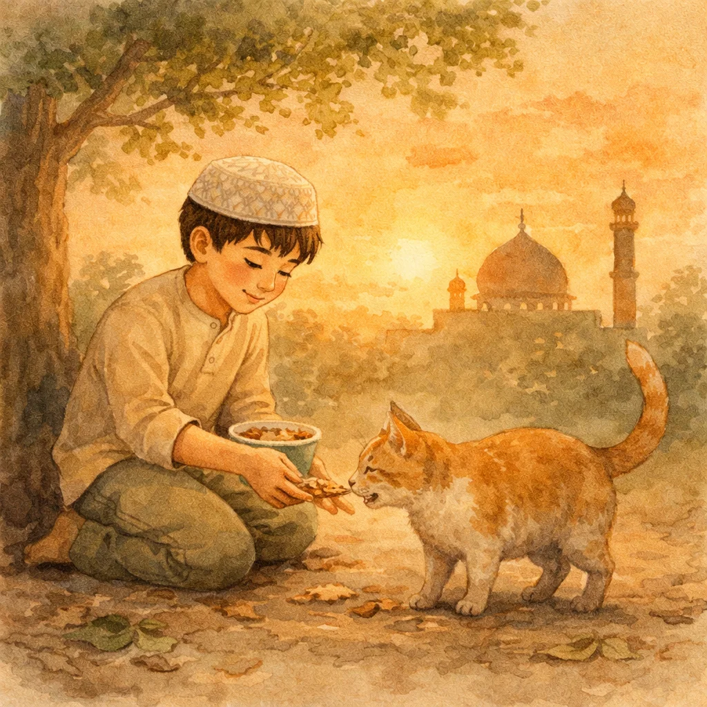 Watercolor illustration of a young Muslim boy sharing food with a cat at sunset with a mosque silhouette in the background