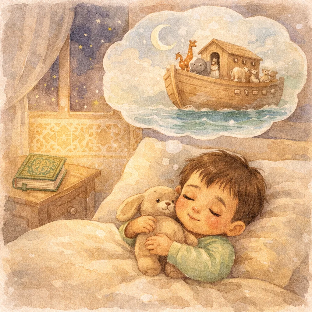 Watercolor illustration of a Muslim child sleeping peacefully with a dream bubble showing Prophet Nuh's ark