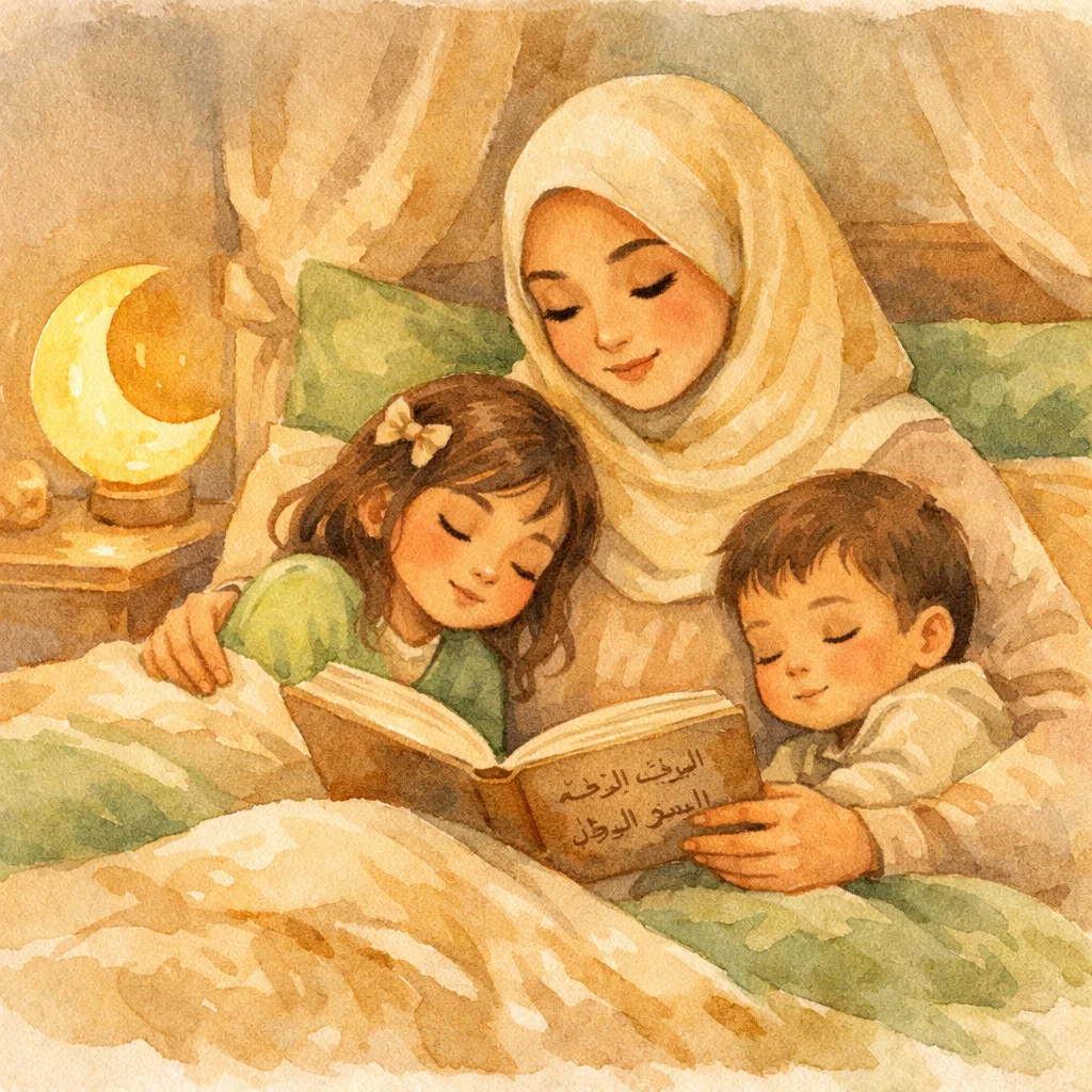Watercolor illustration of a Muslim mother in hijab reading Islamic bedtime stories to her children in a cozy bedroom with warm lighting